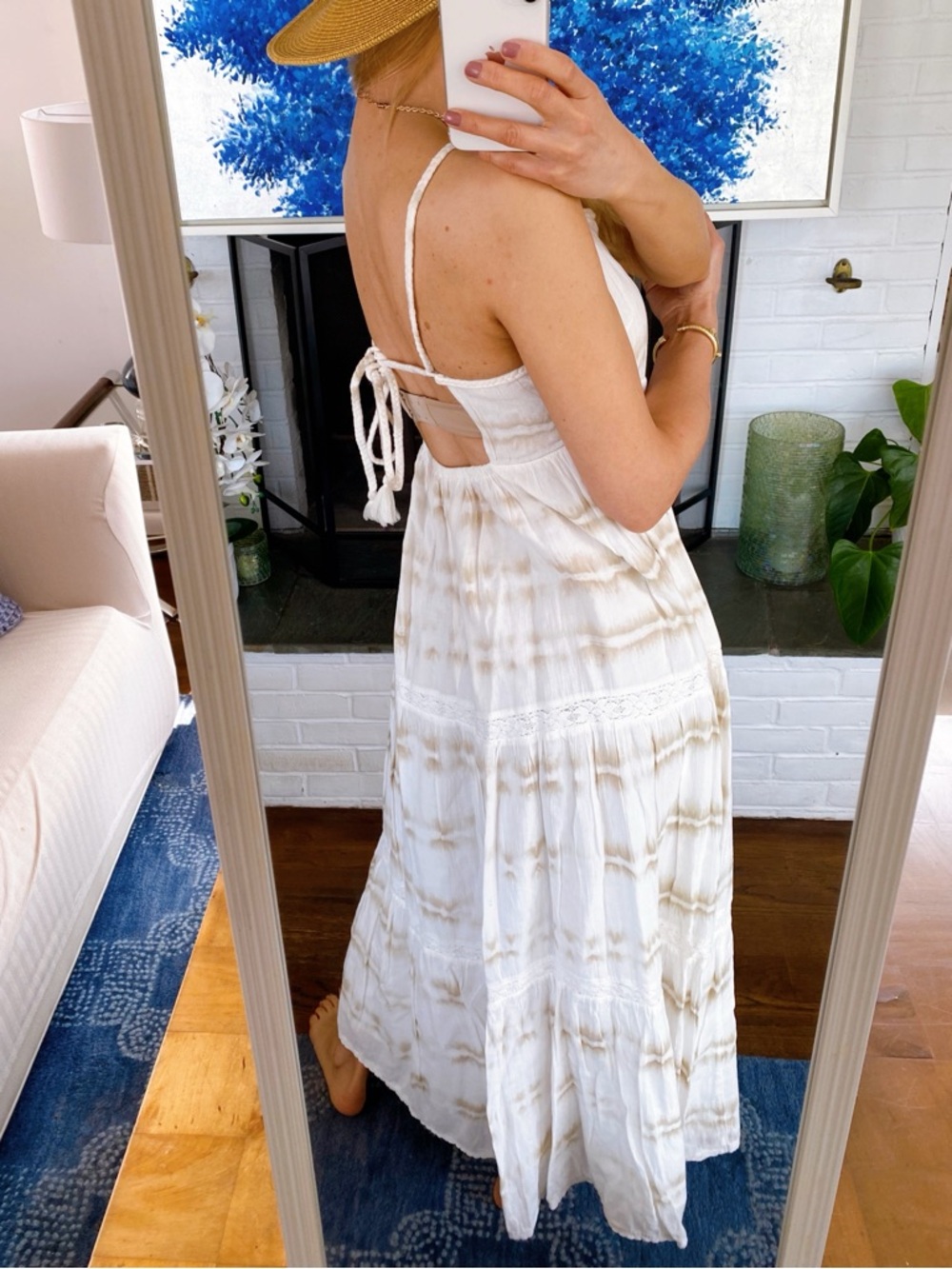 AERIE Off-White Cotton Maxi Dress with Beige Tie-Dye, Rope & Tassel Detail! 🐚 - Picture 5 of 17